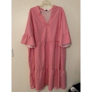 Shein Curve Pink Dress 4XL Allover Striped Smock Tier Ruffle V-Neck Pullover